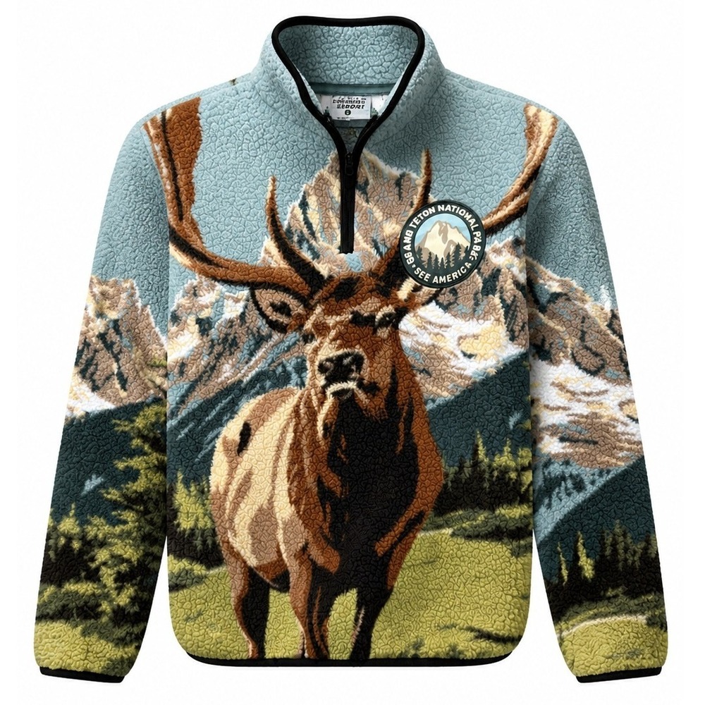 Creative Action Network Fleece Kids 10/12 Grand Teton Elk Blue Landscape Modern